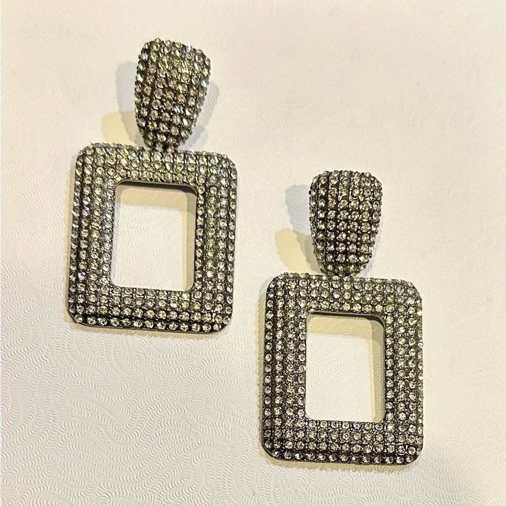 REBECCA MINKOFF XL Silver Crystal Rectangle Drop Earrings
